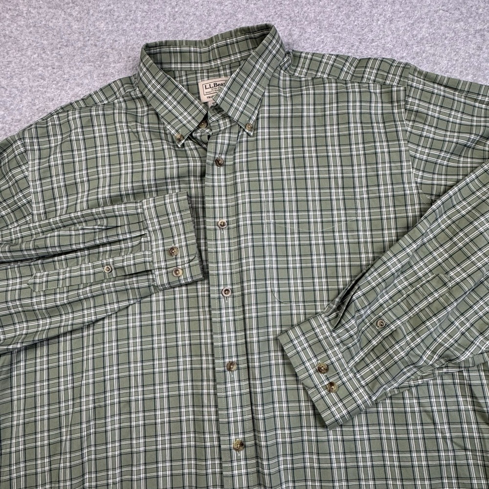 LL Bean Traditional Fit Green Plaid Shirt Mens XL Tall Cotton Check Casual Work